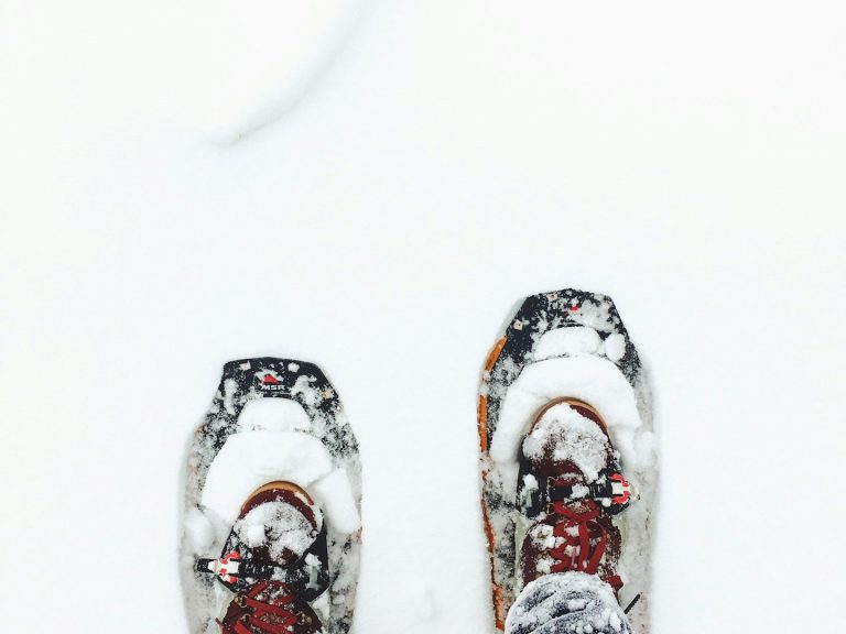 Schneeschuh-Wandern Schneeschuhe stehen im Schnee, umgeben von weißer, unberührter Winterlandschaft.