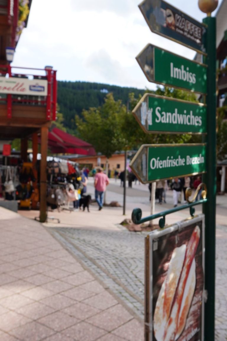 Straßenschild mit Richtungen zu Indisch, Sandwiches und Ostring in einer Fußgängerzone.