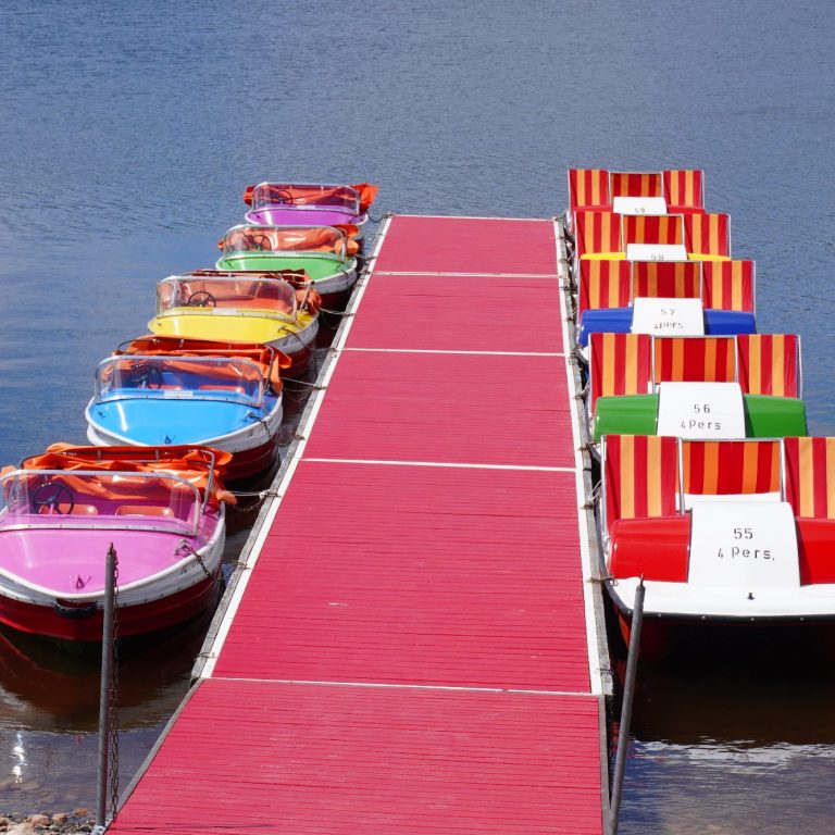 Schluchsee Boote Bunte Tretboote am Steg an einem ruhigen Gewässer.