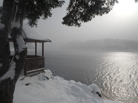 Schluchsee in Winterstimmung Schneebedeckte Landschaft am Schluchsee mit Nebel und geschützter Hütte am Ufer.