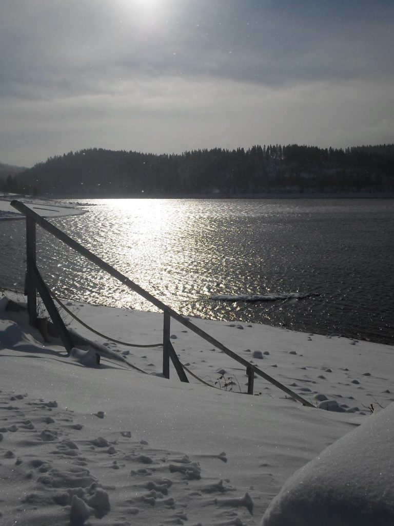 Wintersonne am Schluchsee Schneebedeckte Landschaft am Schluchsee mit Sonnenreflexion und steigendem Ufer.